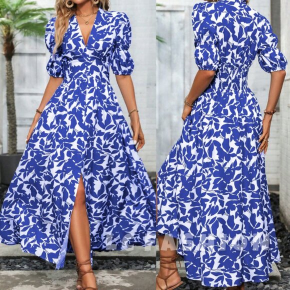 Boho Dress,Floral Print Puff Sleeve Split Thigh A Line Dress,Summer Cute Dress - Picture 1 of 7